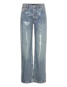 Jeans With Sequins Under Slits Bottoms Jeans Straight-regular Blue Man...