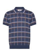 Cttn 1/4 Zip Plaid Tops Knitwear Short Sleeve Knitted Polos Blue Origi...