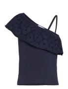 Ruffled Asymmetric T-Shirt Tops T-shirts Sleeveless Navy Mango