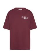Printed Cotton-Blend T-Shirt Tops T-Kortærmet Skjorte Burgundy Mango
