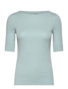 Stretch Cotton Boatneck Tee Tops T-shirts & Tops Short-sleeved Blue La...