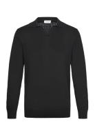 Crochet Knit L/S V-Neck Polo Tops Knitwear Long Sleeve Knitted Polos B...