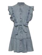Belted Denim Flutter-Sleeve Shirtdress Kort Kjole Blue Lauren Ralph La...