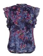 Print Ruffle-Trim Georgette Blouse Tops Blouses Short-sleeved Blue Lau...