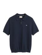 Textured Cotton Ss Polo Tops Knitwear Short Sleeve Knitted Polos Navy ...