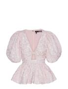 Jacquard Puff Sleeve Top Tops Blouses Short-sleeved Pink ROTATE Birger...