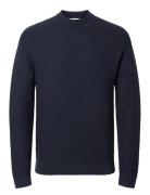 Slhtion Ls Knit Structure Mock Neck Tops Knitwear Round Necks Navy Sel...
