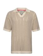 Open Structured Knitted V-Neck Polo Tops Knitwear Short Sleeve Knitted...