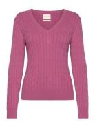 Stretch Cotton Cable V-Neck Tops Knitwear Jumpers Pink GANT