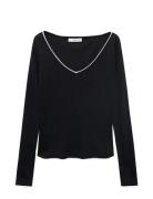 V-Neck Combined-Fabric T-Shirt Tops T-shirts & Tops Long-sleeved Navy ...