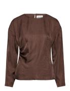 Rosalie Jacquard Weave Satin Blouse Tops Blouses Long-sleeved Brown Ma...