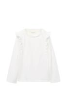Frills Cotton T-Shirt Tops T-shirts Long-sleeved T-Skjorte White Mango